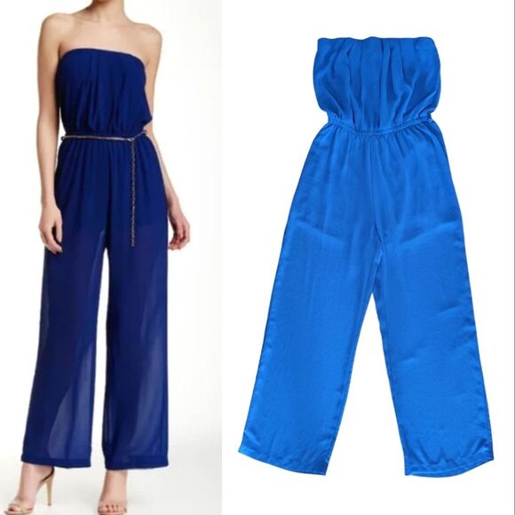 IRIS Blue Strapless High Rise Sheer Wide Leg Jumpsuit Large - Picture 1 of 11